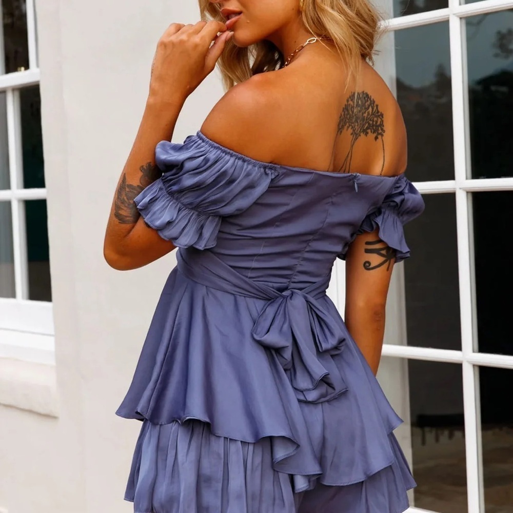 Angel Biba Steel Blue Off-Shoulder Mini Romper Dress Women’s XS - Picture 2 of 9